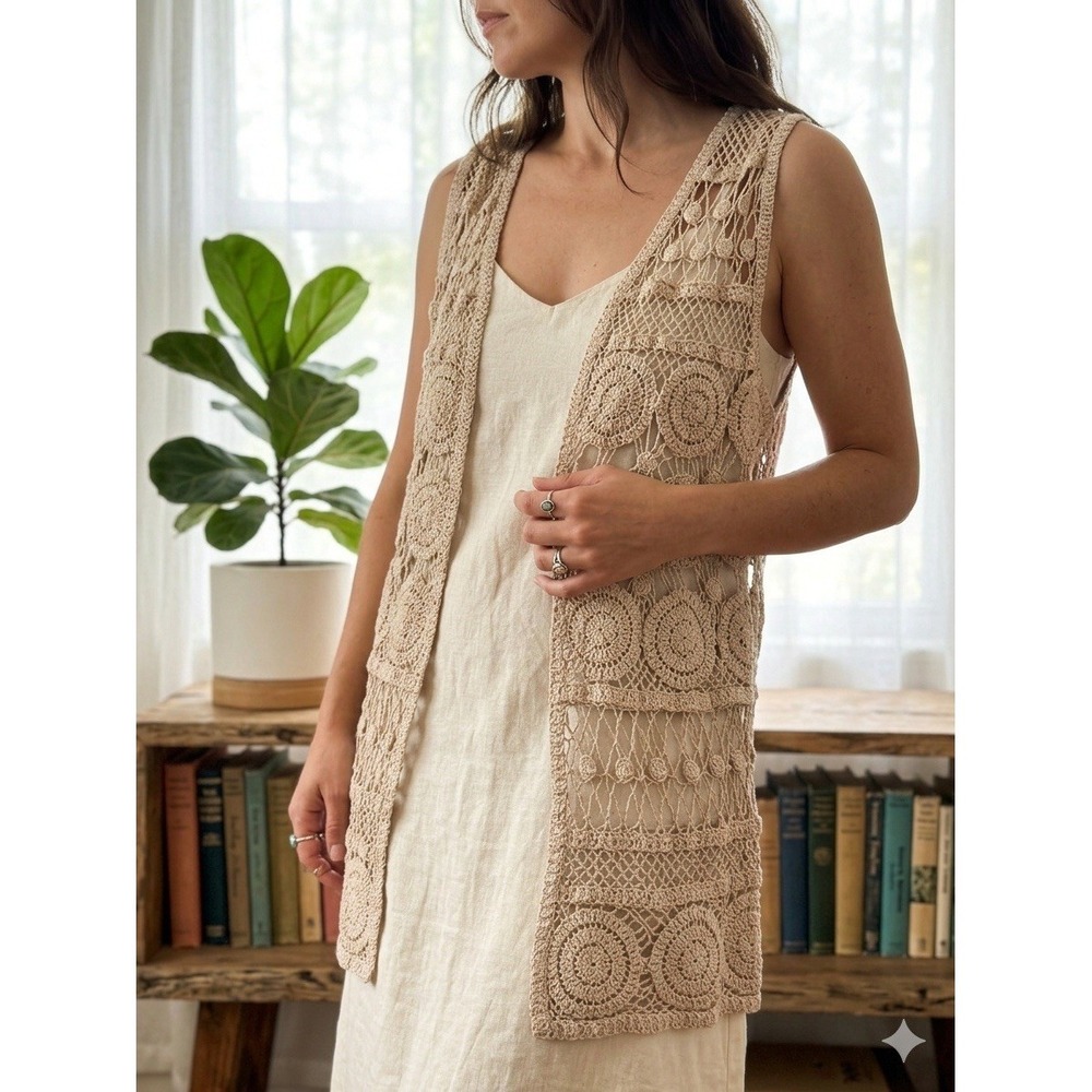 YAIRA Cotton Crochet Duster Open Front Cardigan Tank Top M Coastal Cottagecore - Picture 2 of 13